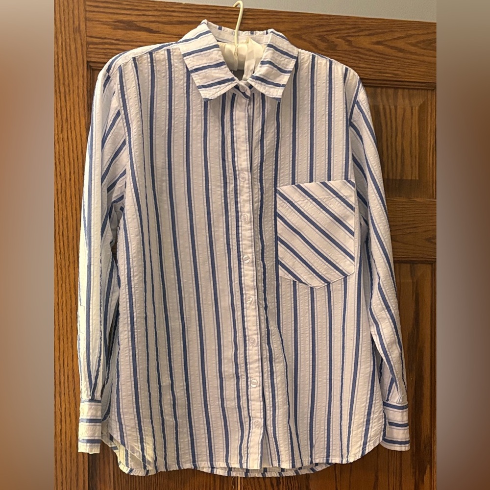 Finley women's blue and white striped button-up shirt. Made in USA.